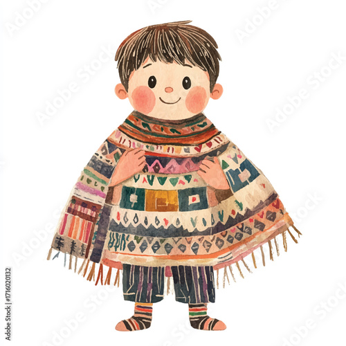 Charming young boy in colorful poncho and striped pants smiling happily.