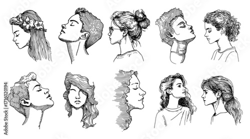 Hand Drawn Collection of Human Face Profiles in a Sketch Style