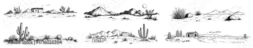 Desert Landscape Borders and Cactus Scenes Doodle Set black shape vector laser cutting engraving monochrome print