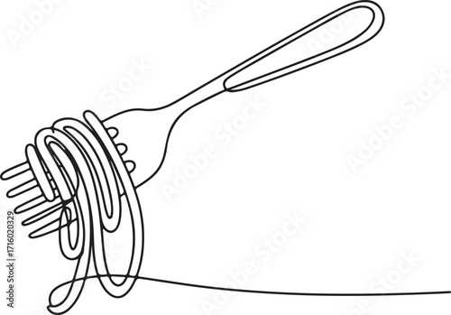 Spaghetti on Fork Continuous Line Art Vector Illustration Drawing Style