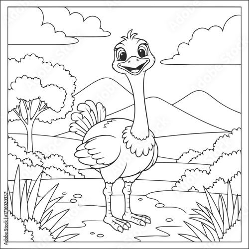 Vector illustration of a happy ostrich for a kids coloring page or activity book design
