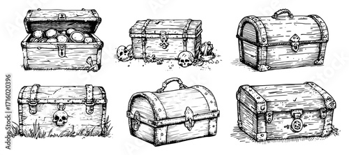 Vintage Pirate Treasure Chests Doodle Icons black shape vector laser cutting engraving monochrome print