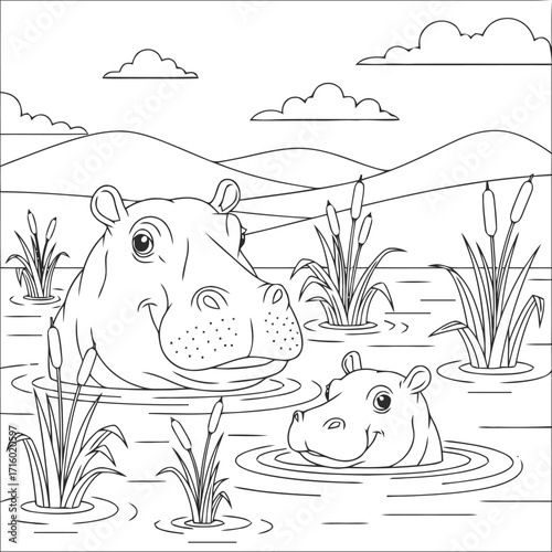 Hippopotamus Family Coloring Page Book A Fun Activity for Kids to Enjoy and Unleash Creativity