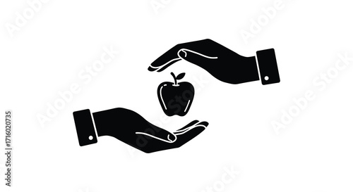 Hands gently protecting a single red apple in a simple graphic