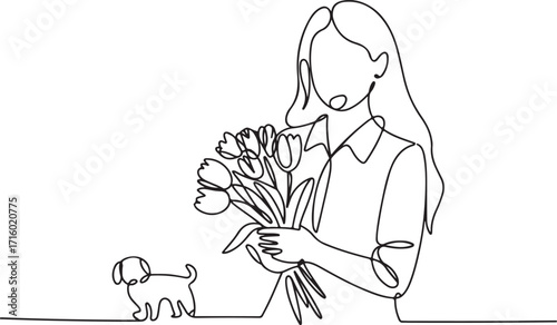 Continuous Line Art of Woman with Flowers and Dog on a Plain Background