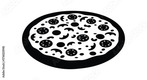 Simple black and white illustration of a pepperoni pizza circular design