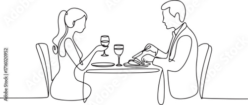 Continuous Line Drawing of Couple Dining at Restaurant Table Illustration