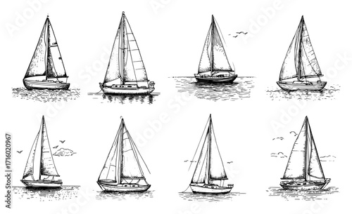 Sailing Boat Collection Hand Drawn Doodle Set black shape vector laser cutting engraving monochrome print