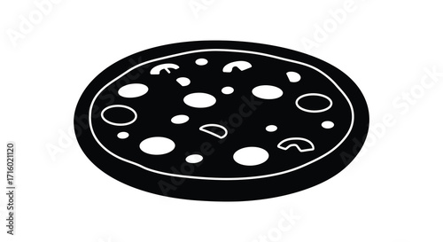 Simple black and white illustration of a pizza with mushroom toppings