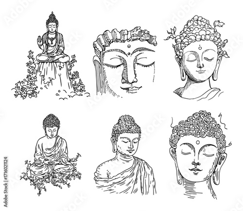 Buddha Portraits and Meditation Figures Icons Set black shape vector laser cutting engraving monochrome print