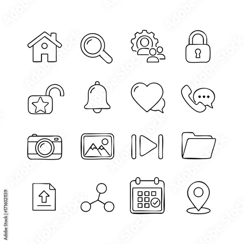 Minimal Black Outline UI Icons — Monoline Vector Pack (16 Icons)