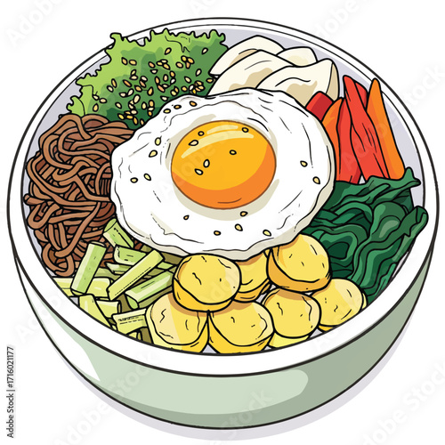 Colorful Korean Bibimbap Bowl with Fried Egg.