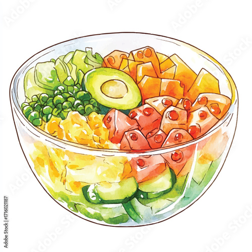 Colorful hand drawn watercolor illustration of a fresh poke bowl.