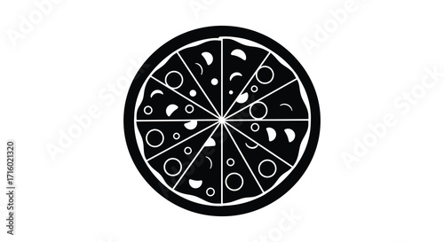 A simple black and white illustration of a circular pizza with slices