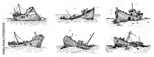Collection of Old Shipwrecks on a Beach in a Vintage Sketch Style black shape vector laser cutting engraving monochrome print