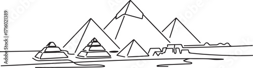 Continuous Line Drawing of Egyptian Pyramids and Landmarks Landscape