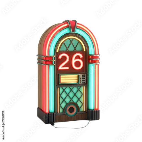 Vibrant jukebox with transparent background showcases colorful neon lights and number 26, evoking nostalgic atmosphere