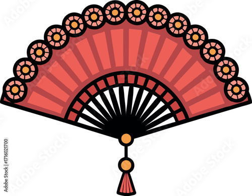 Handheld folding fan resting on a transparent background