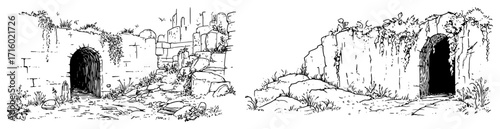 Ancient Stone Ruins Archway and Cave Entrances Landscape Set black shape vector laser cutting engraving monochrome print
