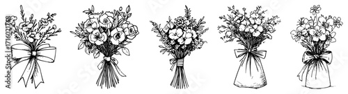Flower Bouquets With Ribbons and Gift Bags Collection Set black shape vector laser cutting engraving monochrome print