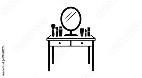 Simple black and white illustration of a vanity table with makeup