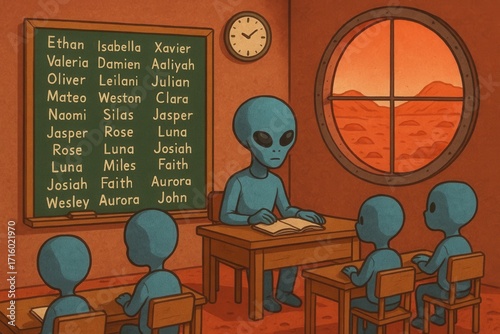 Alien teacher and students in a classroom on a desert-like planet.