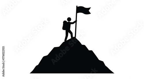 Silhouette of a hiker reaching a mountain peak with a flag