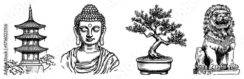 Asian Culture Icons Pagoda Buddha Bonsai and Guardian Lion Set black shape vector laser cutting engraving monochrome print