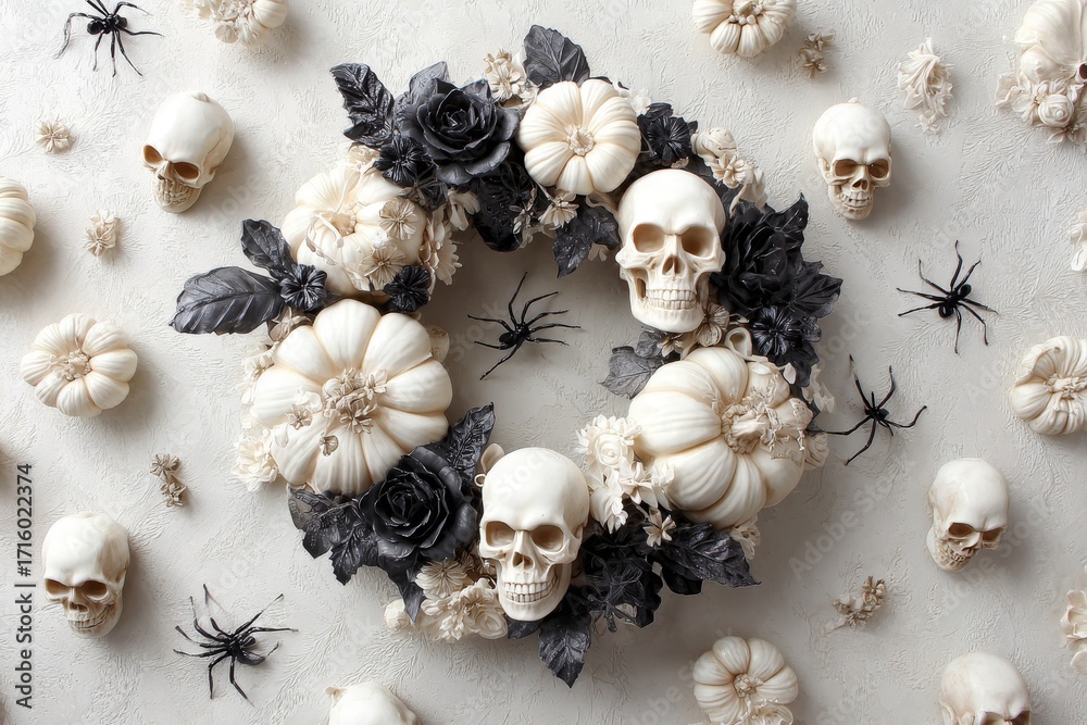 Obraz premium A decorative halloween wreath is composed of white pumpkins, dark grey leaves, black roses, and white skulls, laid out on a light gray surface.