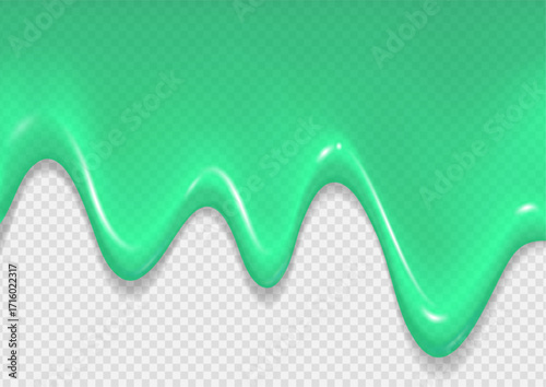 Realistic glossy green jam flow. Transparent honey on white background with copy space. Vector illustration.