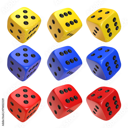 Red, blue and yellow photorealistic 3d cube for games. Dice icon in flight closeup isolated on white background. Vector illustration.
