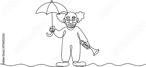 Continuous Line Drawing of Clown with Umbrella and Trumpet in One Stroke