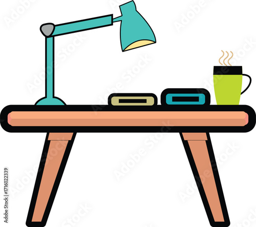 Minimalist Desk Illustration with Table Lamp, Books, and Coffee Cup