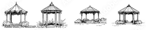 Garden Gazebo Pavilion Pergola Doodle Icons Collection black shape vector laser cutting engraving monochrome print