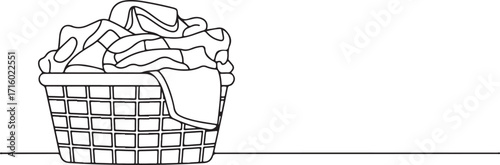 Continuous Line Drawing of Laundry Basket Full of Clothes, Minimalist Art
