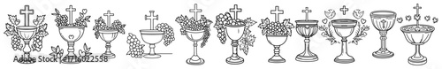 First Communion Chalices and Eucharist Symbols Line Vector Set