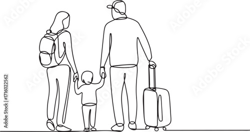 Continuous Line Art of Family Traveling with Child and Suitcase Together