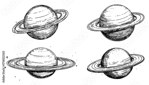 Vintage Planet Saturn Illustrations with Rings Hand Drawn Vector Engraving for Print