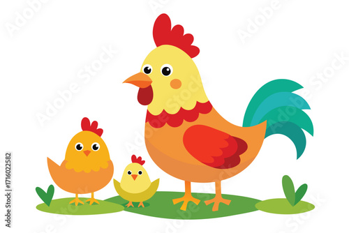 Cartoon Rooster Hen and Chicks Farm Animal Vector Illustration for Children