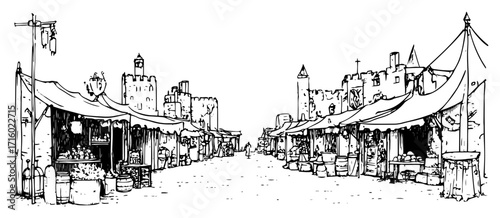 Medieval Market Street Scene Hand Drawn Sketch black shape vector laser cutting engraving monochrome print