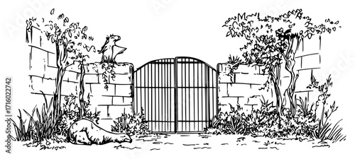 Vintage Sketch of a Secret Garden Gate with Animals