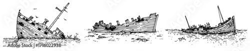 Set of Sunken Shipwrecks on the Shore Hand Drawn Vintage Vector Illustrations