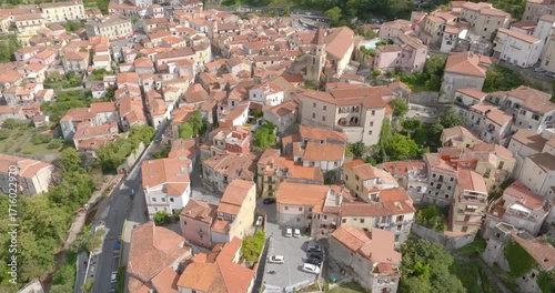 Aerial view of the town of Maratea, in the province of Potenza, Basilicata, Italy. It's a small village with many narrow streets and a few houses perched on the mountain.