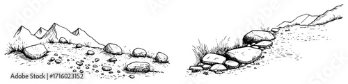 Set of Hand Drawn Rocky Landscapes and Mountain Scenery