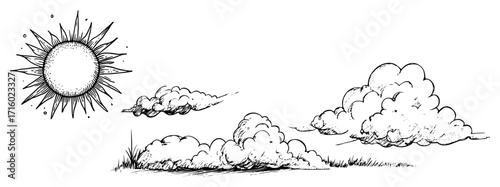 Set of Hand Drawn Sun and Clouds in a Vintage Engraving Style