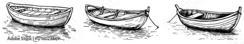 Wooden Rowboat Dinghy Set on Water Doodle Collection black shape vector laser cutting engraving monochrome print