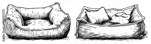 Cozy Pet Beds and Sofas for Dogs and Cats Doodle Set black shape vector laser cutting engraving monochrome print