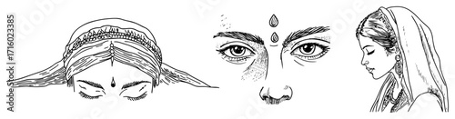 Hand Drawn Indian Bride Portrait Elements Vector Set