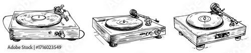 Collection of Vintage Turntables Hand Drawn Retro Vector Icons Monochrome Engraved Style for Design