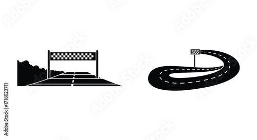 Black and white illustration depicting a race track and finish line